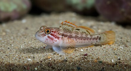 A goby fish with a small, spotted body and large, curious eyes.