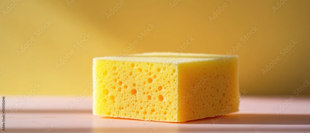 Poster A simple sponge block sitting on a wooden table, often used in crafting and DIY projects