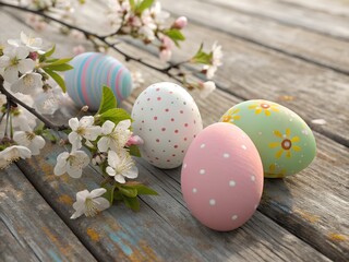 Fototapeta premium Easter eggs are painted in pastel colors. Rustic Wooden Surface with spring flowers. Soft natural light. Easter banner. AI Generated