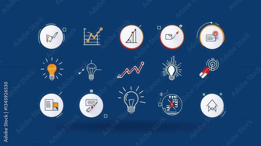 Poster a set of clean and minimalist workflow icons representing various business functions data analysis s
