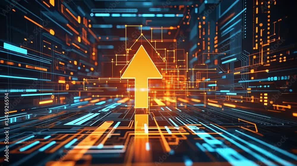Poster futuristic digital arrow design neon abstract circuit of technology and innovation symbolizing progr