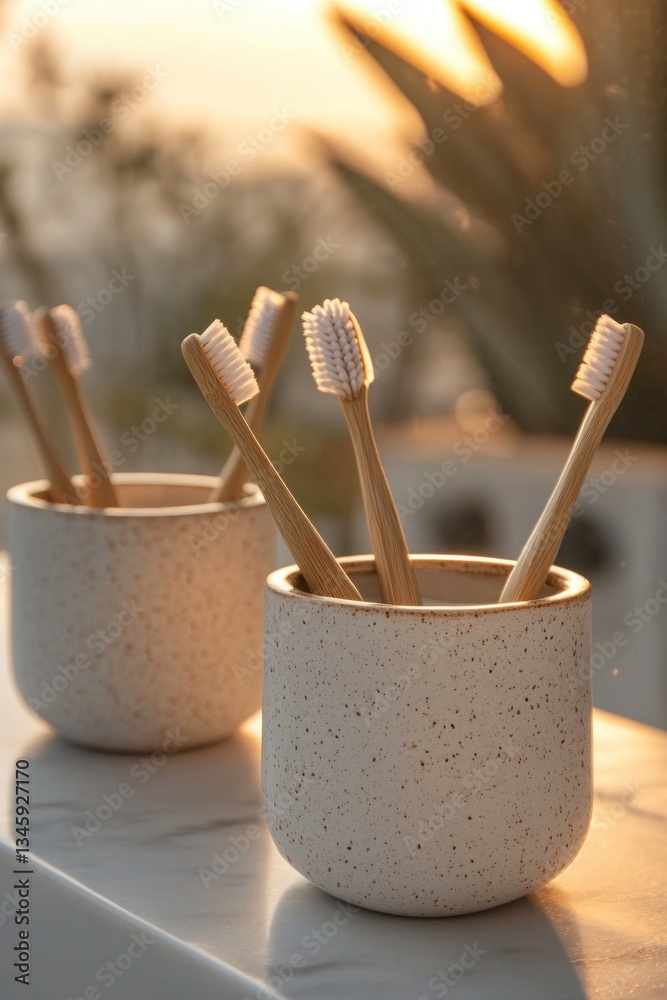 Poster a pair of toothbrushes sitting in a cup on a table, ready for use