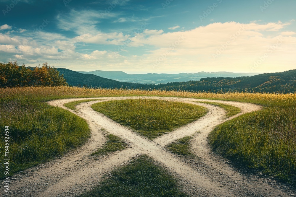 Poster a rural dirt road with two arrows painted on the surface, suitable for use as a symbol or directiona