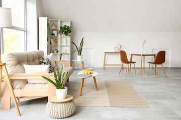 Interior of light living room with cozy sofa and white furniture
