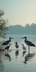 Obraz premium A serene scene unfolds as a group of birds stands together in the water, their reflections rippling gently on its surface