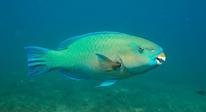 A parrotfish with vibrant blue and green scales and a beak-like mouth.