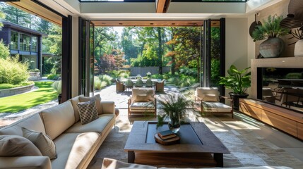 Fototapeta premium Bright Modern Living Room with Open Glass Doors to Lush Green Garden