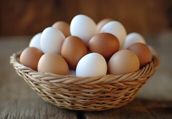 Fresh farm eggs in a rustic wicker basket, showcasing a variety of brown and white eggs against a warm wooden background, perfect for culinary themes and farm imagery