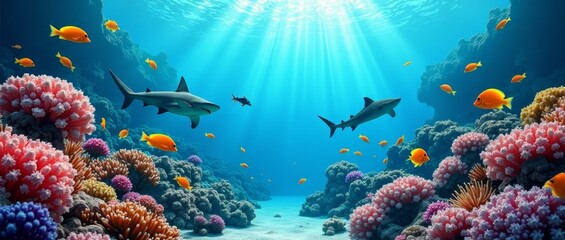 Underwater paradise, vibrant fish and sharks swim amidst coral reefs