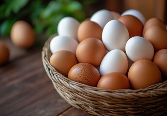 Fresh Farm Eggs in a Rustic Woven Basket with Greenery on Wooden Table, Ideal for Culinary, Nutrition, and Natural Food Photography Needs