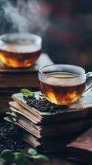 A cup of tea resting on top of stacked books, perfect for a cozy study session or quiet time