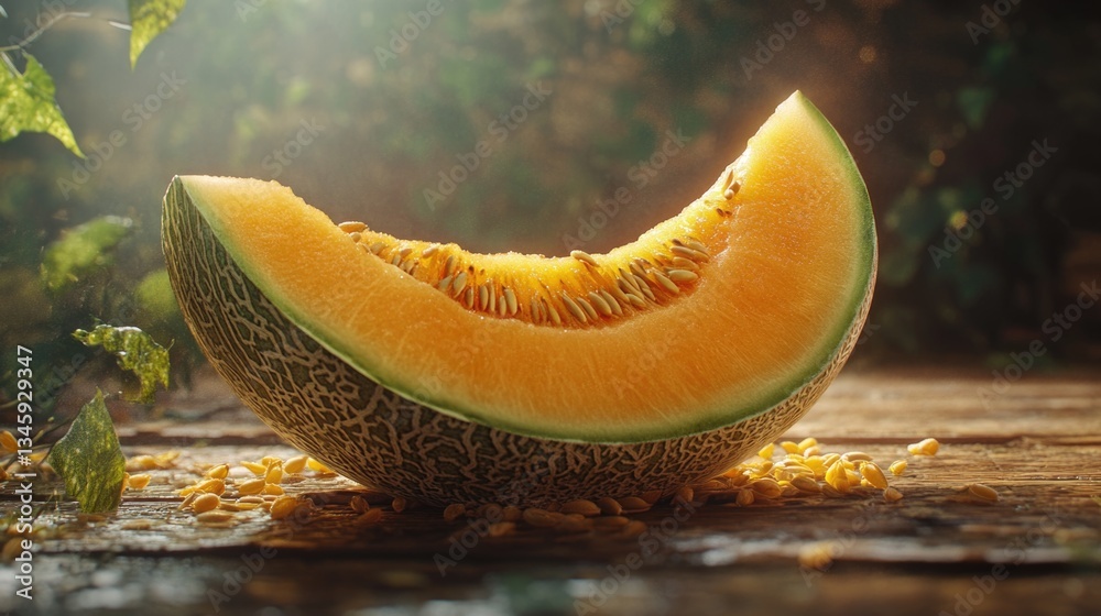 Poster fresh melon slice on a table, ready for serving or snack