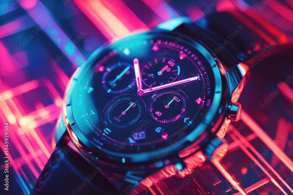 Poster a close-up image of a wristwatch sitting on a keyboard, great for tech-related themes or accessories