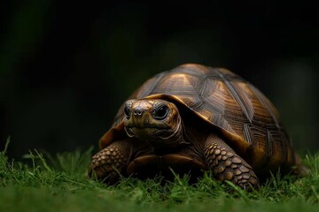 Obraz premium A tortoise slowly walking through a grassy meadow, its wise eyes gazing at the horizon