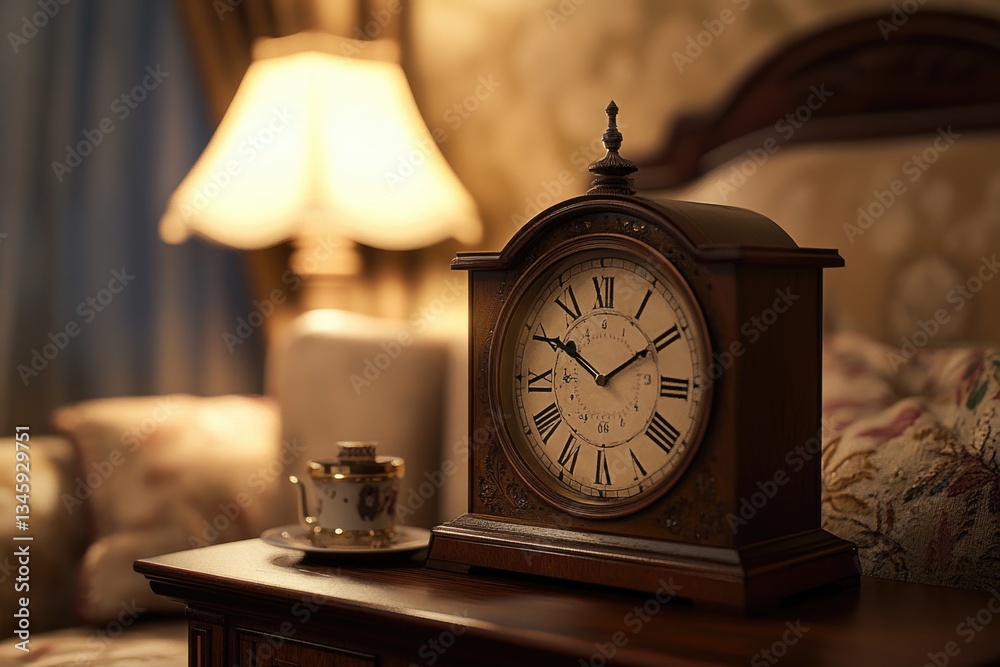 Poster a clock sits next to a lamp on a table, providing a warm and cozy atmosphere