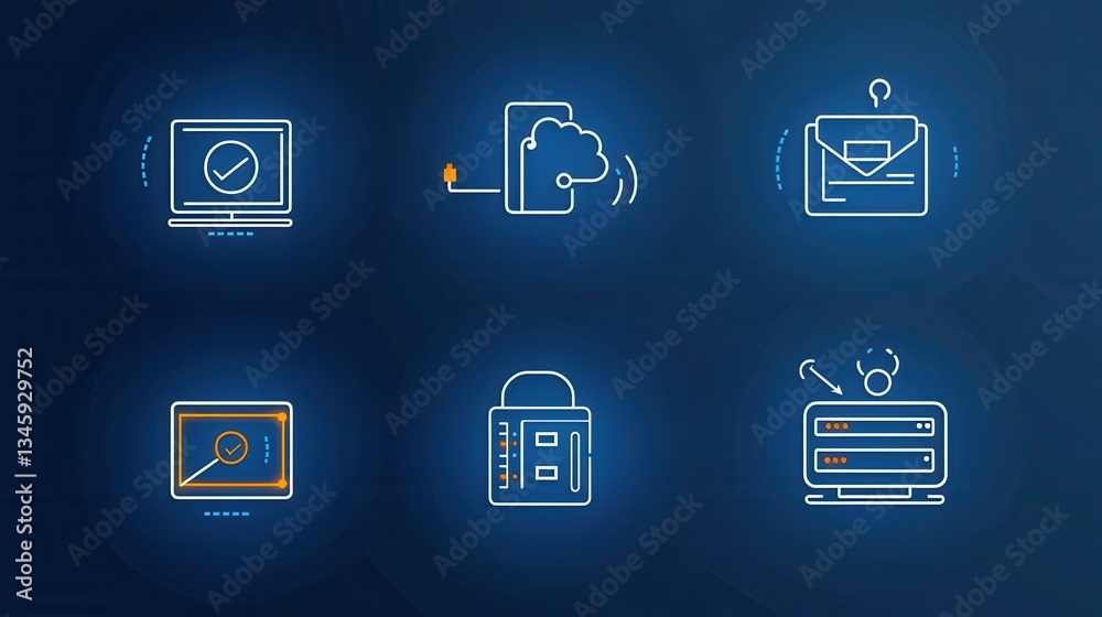 Poster a collection of clean modern icons representing various data center and it infrastructure elements i