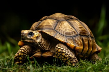 Obraz premium A tortoise slowly walking through a grassy meadow, its wise eyes gazing at the horizon
