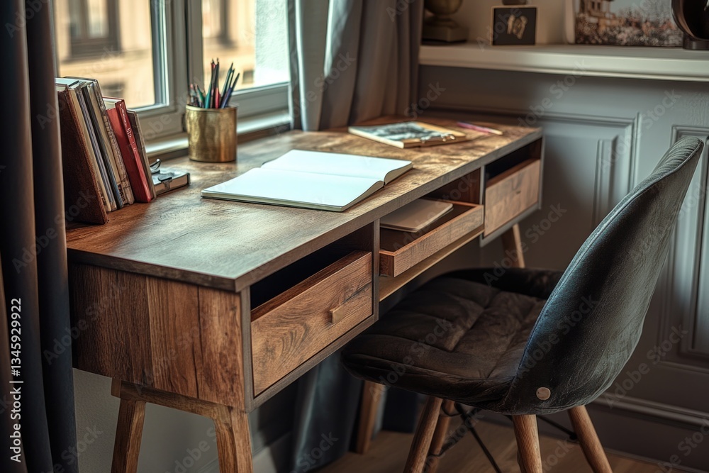 Poster a simple office setup with a desk, chair, and open book