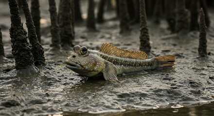 A mudskipper, a unique amphibious fish with bulging eyes and fins adapted for walking on land.