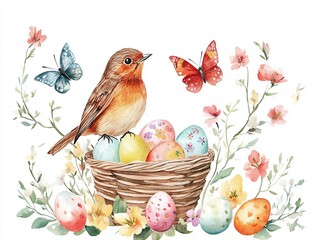 Cheerful watercolor bird and butterflies with Easter eggs in a nest, white background