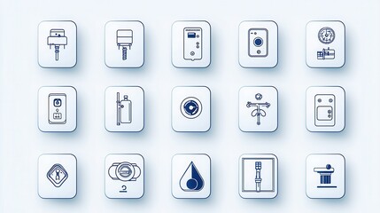 A collection of simple clean icons representing various plumbing and heating equipment and utilities designed in a minimalist style