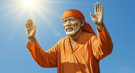 Illustration of Sai Baba in orange attire against a serene blue sky