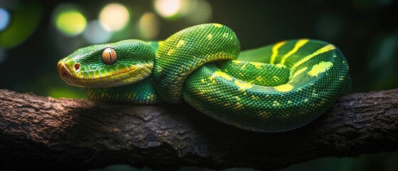 Fototapeta premium A green snake sits at the top of a tree branch, looking out over its surroundings