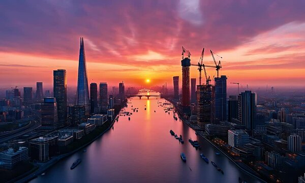 Panoramic city skyline at sunset over a river.  Construction cranes dot the horizon