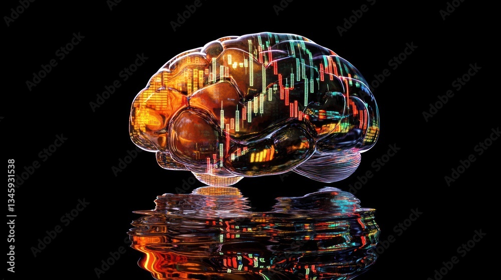 Poster illuminated brain model with embedded financial chart data reflecting on a dark surface.