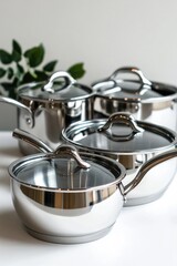 A collection of pots and pans arranged neatly on a table, suitable for use in various settings such as cooking demonstrations or product displays