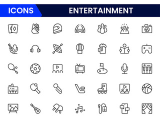 Entertainment and leisure thin black and red line icons set vector illustration. Outline cinema and theater symbols, museum and TV, masks of theater and popcorn for movies