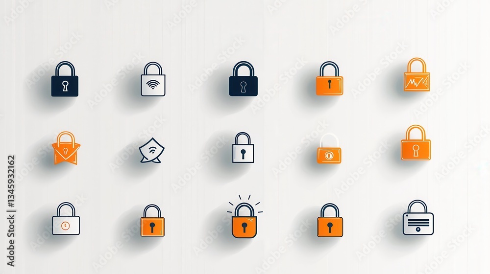 Poster a collection of 15 minimalist padlock icons featuring a sleek modern outline design for use in digit