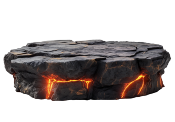 Black Round Rock Platform with Lava, Isolated on Transparent Background