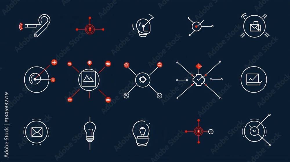Poster a collection of minimalist workflow icons featuring a sleek outline based design for representing va