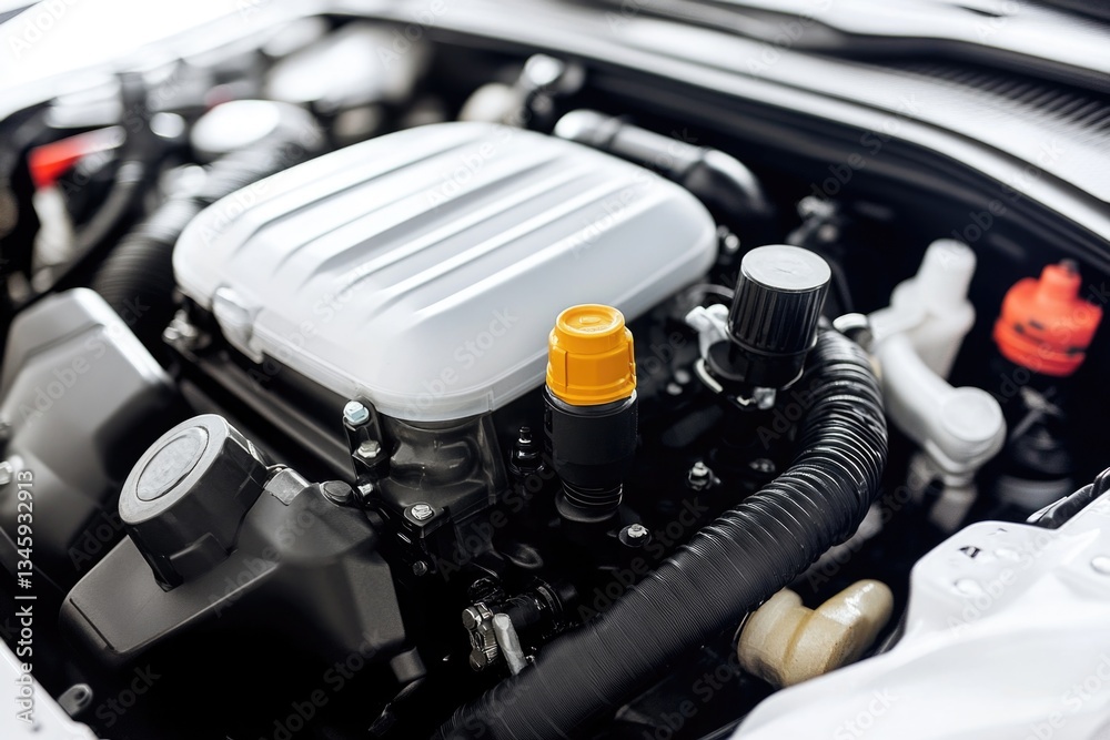 Poster a detailed view of a car engine with the hood open, great for automotive or mechanical context