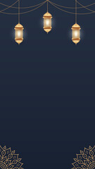 Simple Luxurious Dark Blue Vertical Background with Ornate Lanterns and Decorations Featuring Golden Accents  