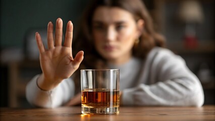 Woman Rejects Alcohol Drink Showing Sobriety Self Control and Health