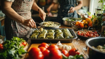 Obraz premium Artistic Representation of Dolma Preparation: Family Engaged in Cooking Together, Showcasing Cultural and Social Aspects in Home Kitchen