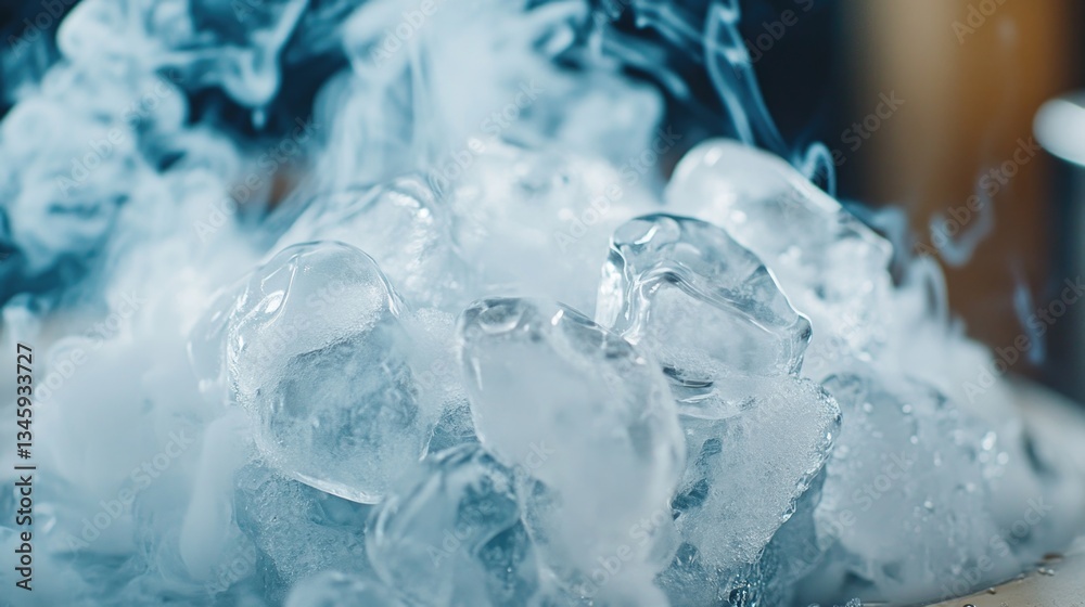 Poster a pile of ice sitting on a table, perfect for use in winter-themed designs or as a symbol of coldnes