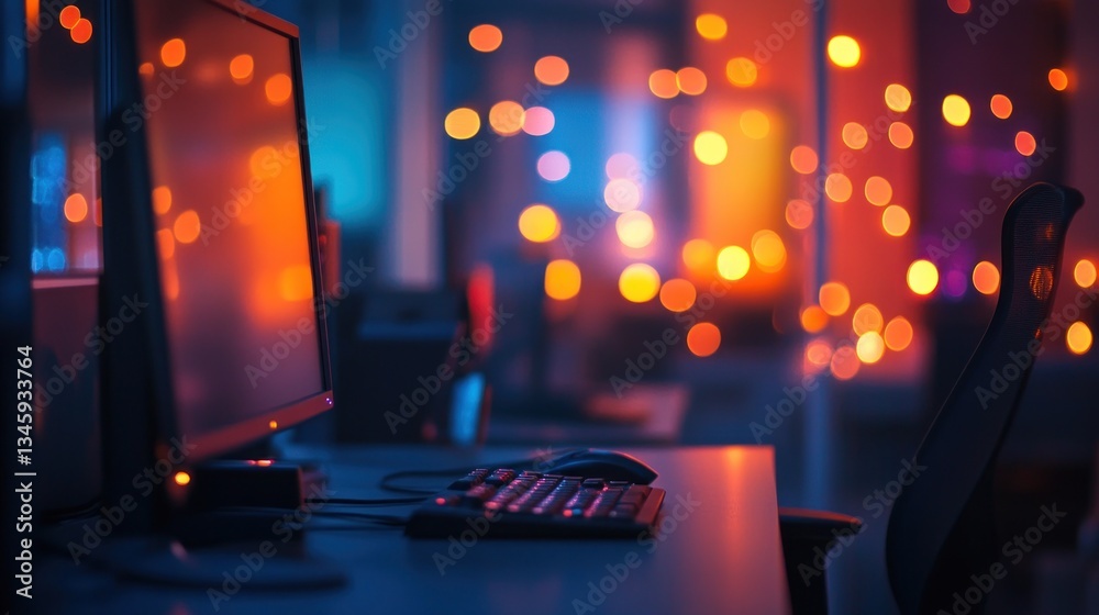 Poster Illuminated computer setup in a dimly lit room with bokeh lights in the background.