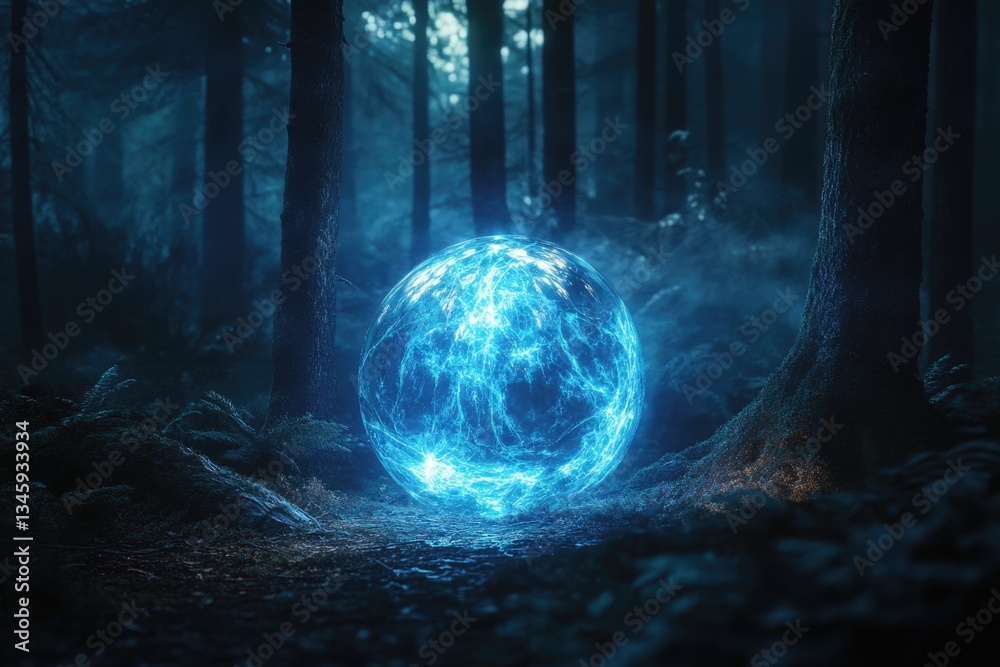 Poster a serene forest scene with a mysterious glowing orb at its center
