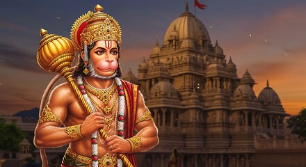 Illustration of Hanuman with Mace in Front of a Temple at Sunset