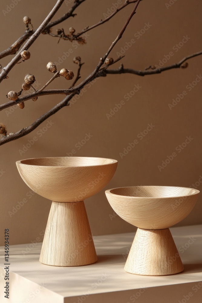 Poster two beautifully crafted wooden bowls rest elegantly on a smooth surface, surrounded by delicate bran