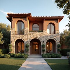 Fototapeta premium A two-story house with a stone facade and arched windows
