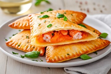 Deliciosos panzerotti rellenos de mariscos en un plato decorativo con hierbas frescas