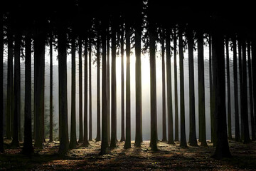 Obraz premium Sun rays through tall pine trees in misty forest