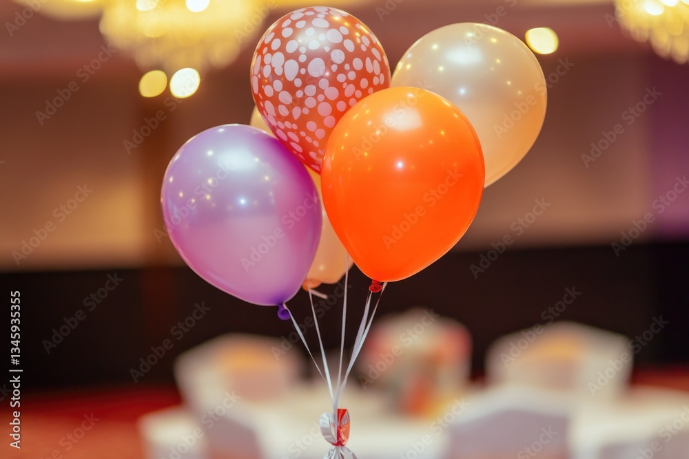 Poster a collection of colorful balloons tied together and placed on a table