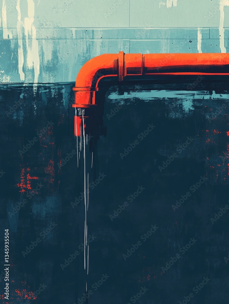 Poster a red pipe sticking out of the side of a building, great for illustration of infrastructure or archi