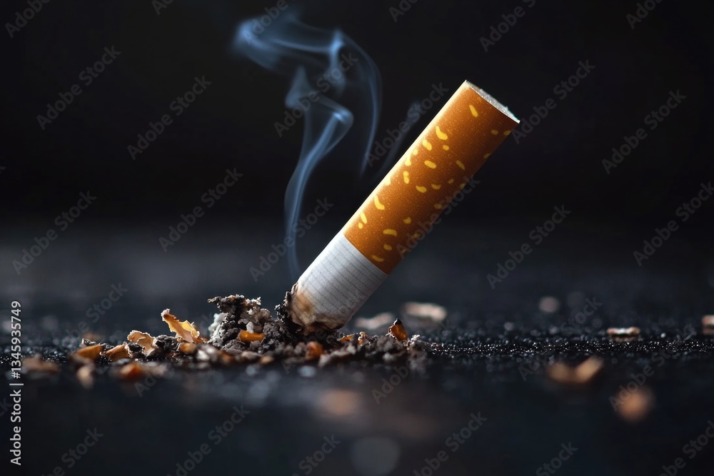 Poster A close-up shot of a cigarette with smoke emerging from the end, ideal for use in scenes where characters are smoking or needing to add atmosphere