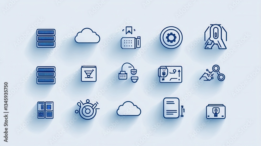 Poster a comprehensive set of 15 outline icons representing various elements of a modern data center includ